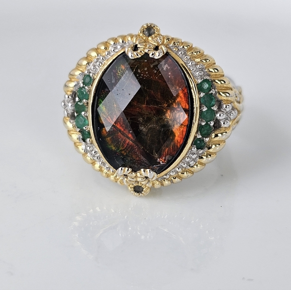 Rare Natural Ammolite & Emerald Ring Palladium Sterling Silver 18k Size 8! - Picture 5 of 11